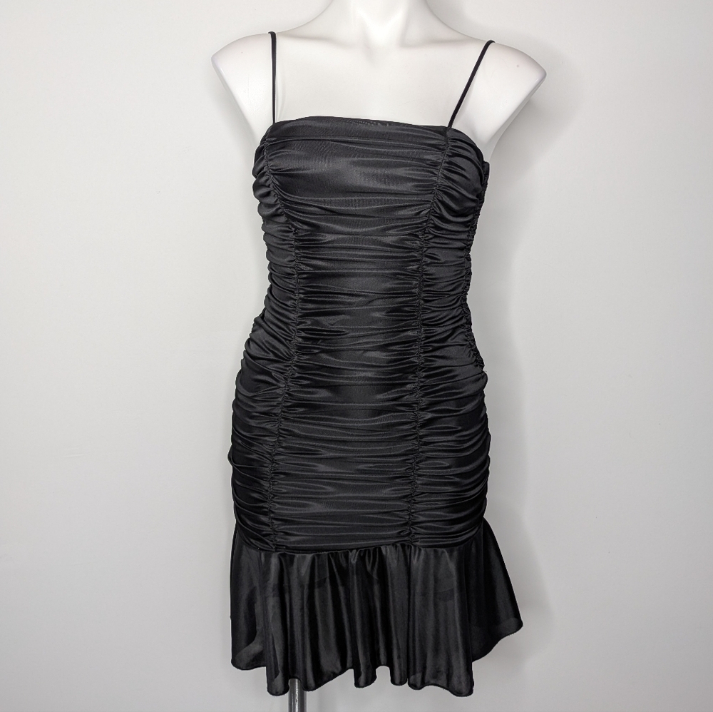 Vintage Masquerade Black Ruched Satin Spaghetti Strap Ruffle Skirt Mini Dress M